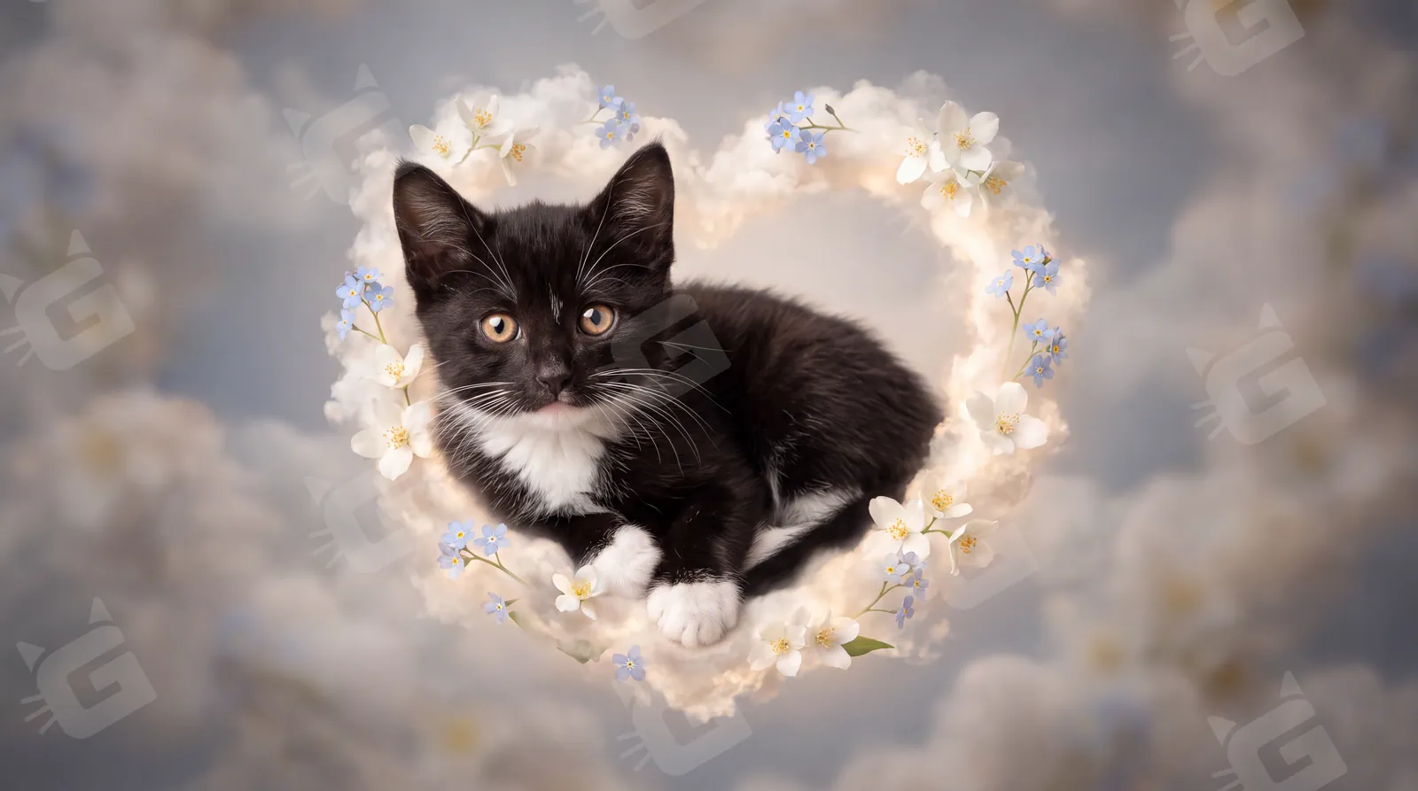 Moonlit Blossom Heart Tuxedo Kitten Remembrance