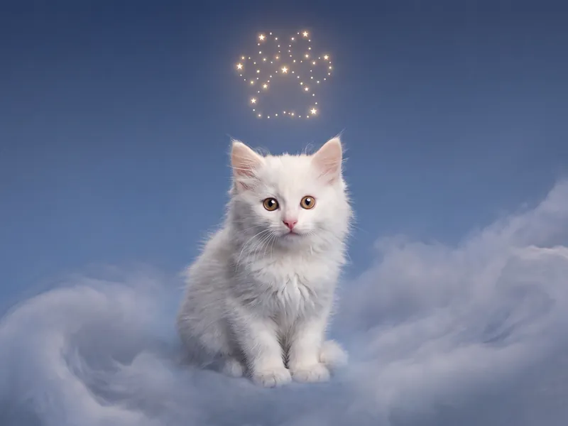 Guiding Light Angora Kitten Beneath the Paw Print Stars