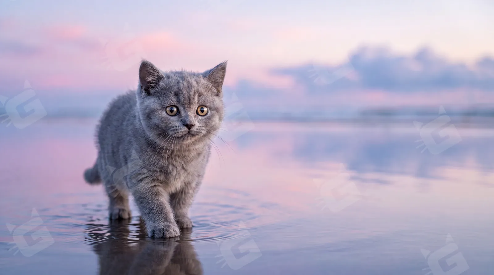Gray Shorthair Kitten Misty Shoreline Reflection
