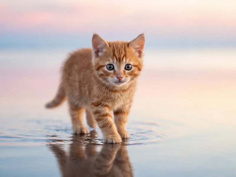 Ginger Tabby Kitten Pastel Sunrise Shore Stroll