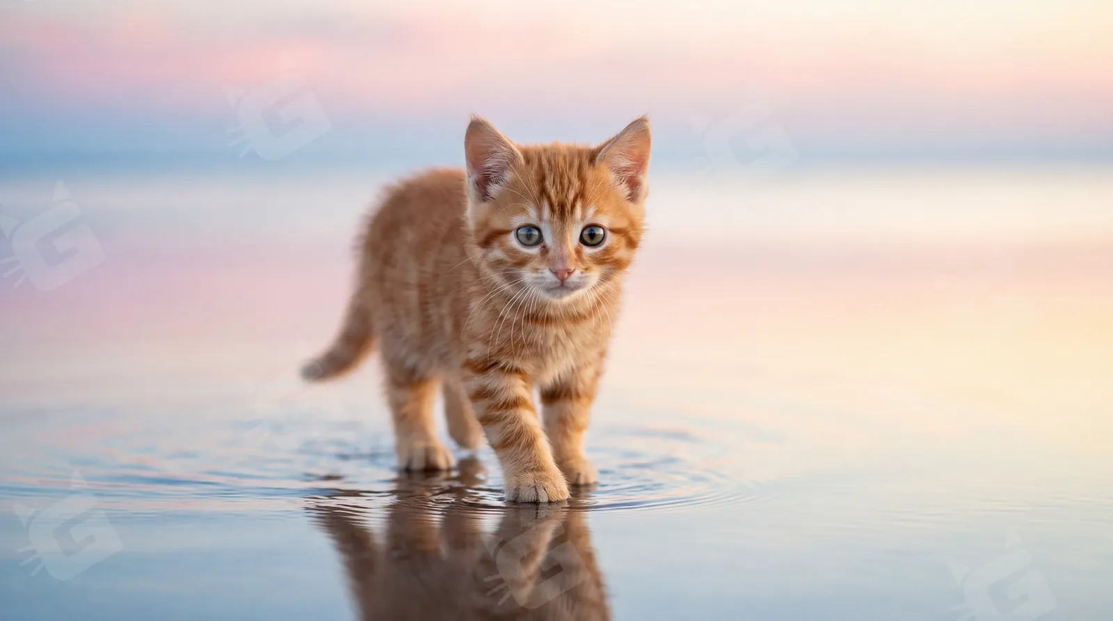 Ginger Tabby Kitten Pastel Sunrise Shore Stroll
