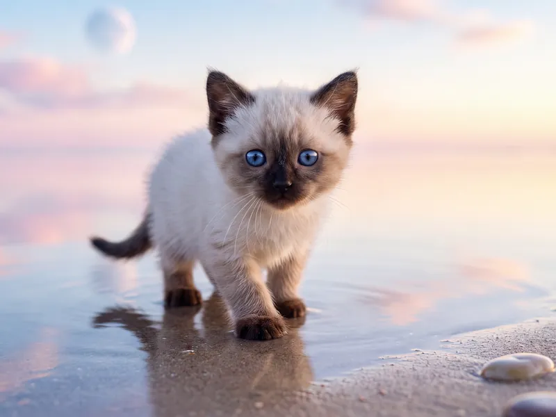 Siamese Kitten Blue-Eyed Beach Wanderer at Dusk