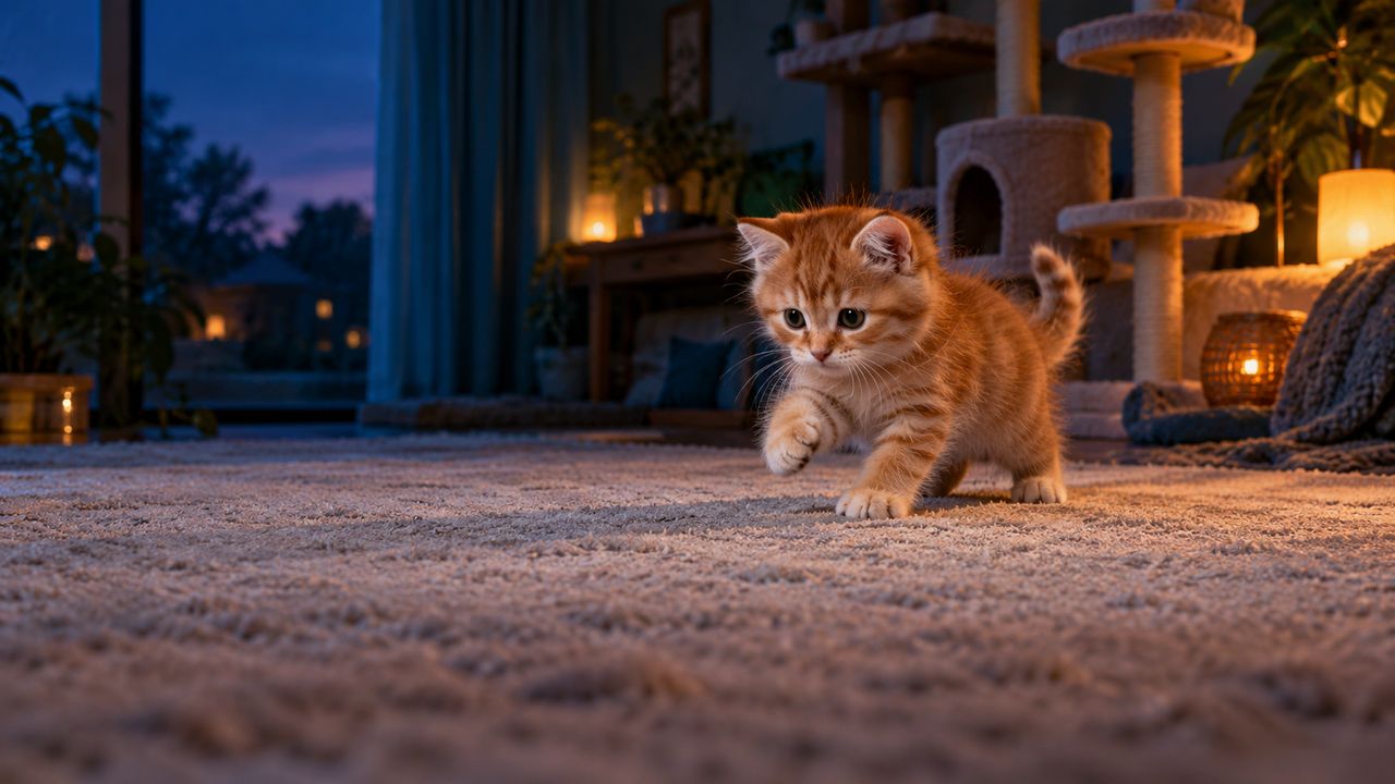 A ginger kitten crouches playfully on a soft rug in a cosy indigo playroom with warm lamps.